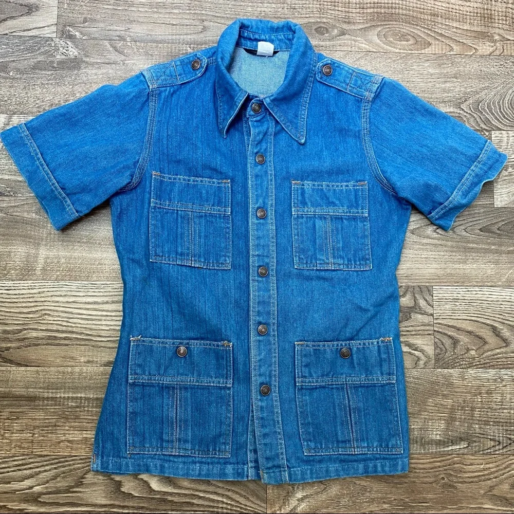 Vintage 1970s Red Snap Denim Utility Shirt - Picture 13 of 14